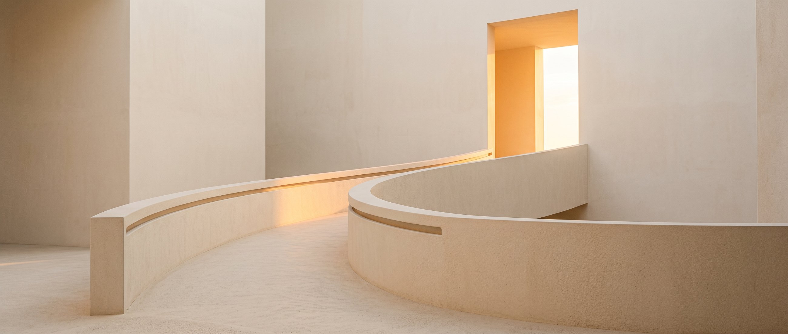 Illustrative image: an empty curved ramp leading to a lit doorway