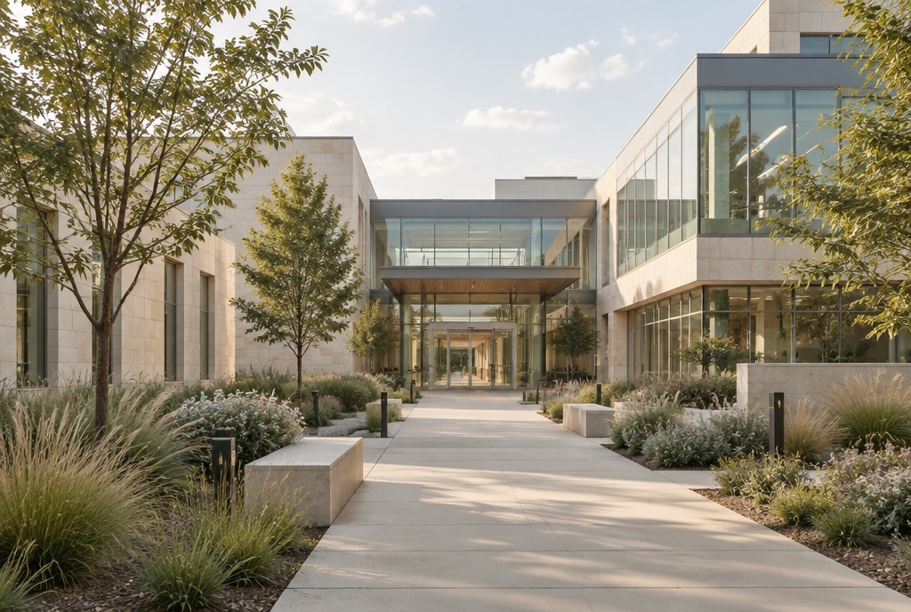 Illustrative image: a sunlit research campus with a welcoming entrance