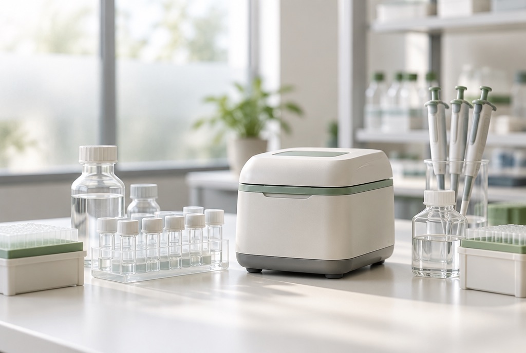 Illustrative image: equipment and sample vessels in a bright laboratory