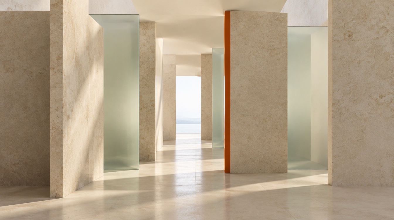 Illustrative architectural artwork: stone and glass planes reveal a clear passage toward daylight