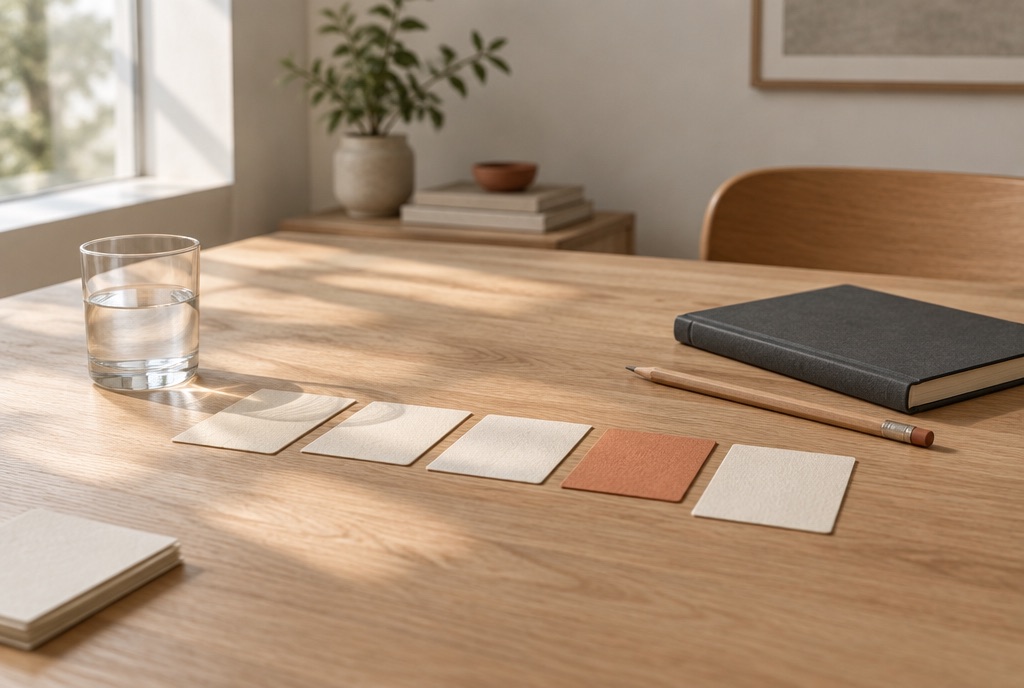 Illustrative image: a notebook and planning cards on a sunlit worktable